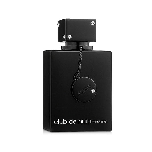 Black perfume bottle labeled 'club de nuit intense man' on a white background