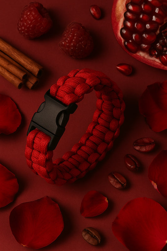 Red paracord bracelet with a black buckle on a red background with fruits and spices.